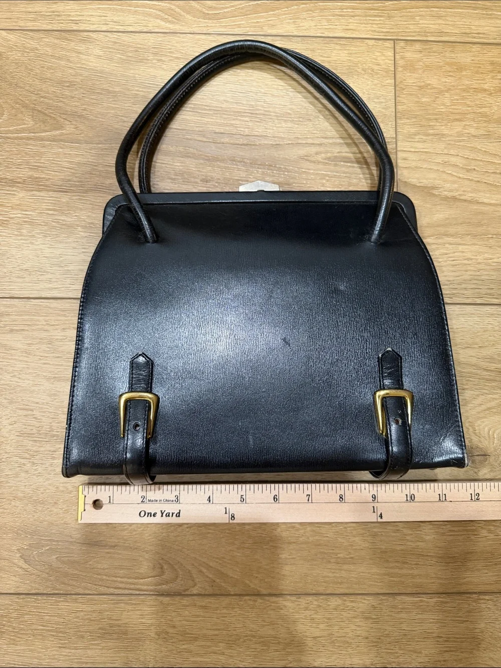 Vintage Black Leather Satchel with Gold Buckle Accents